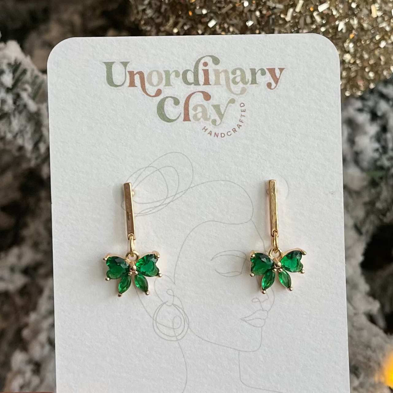 Gold Green Bow Earrings