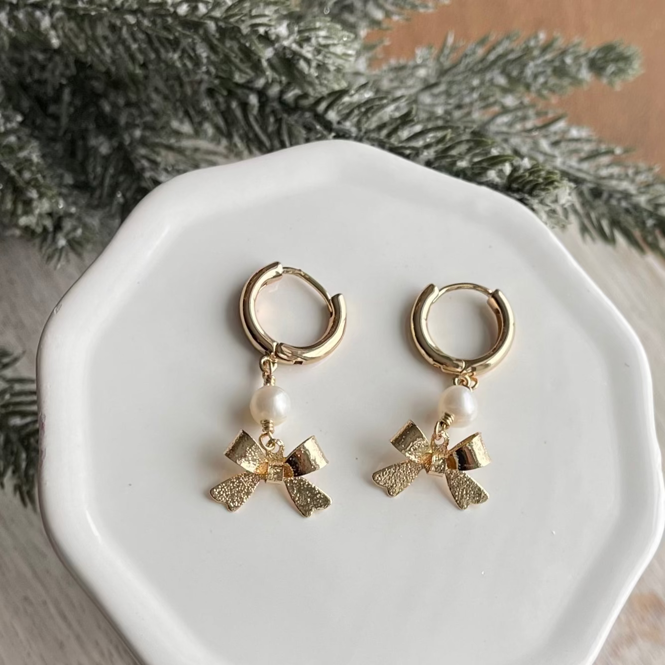 Gold Bow Pearl Hoops