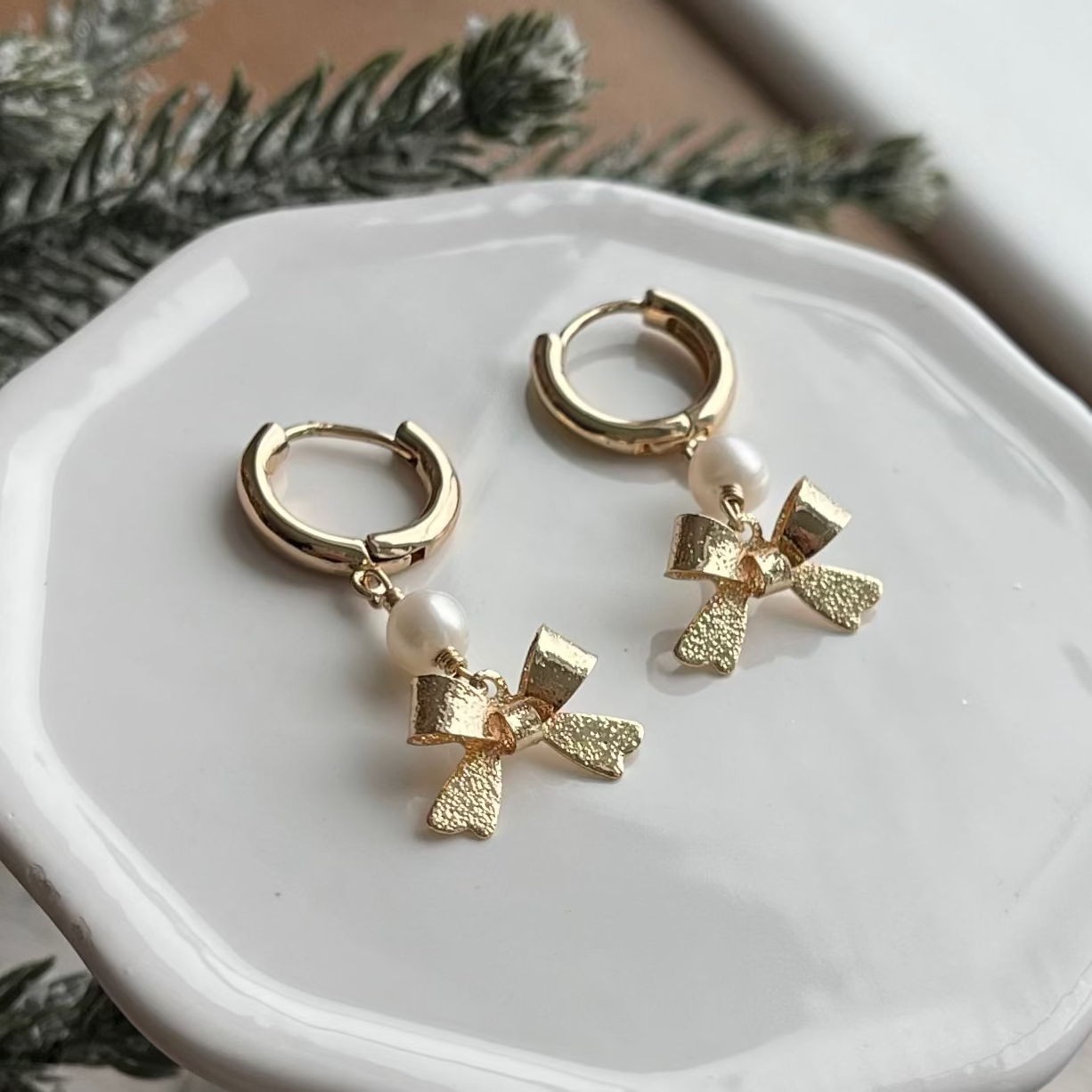 Gold Bow Pearl Hoops