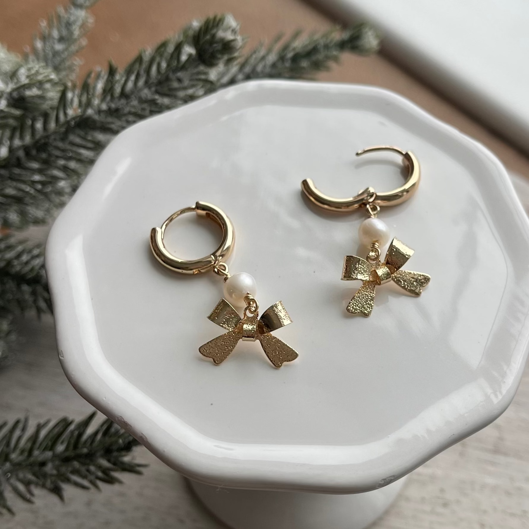 Gold Bow Pearl Hoops